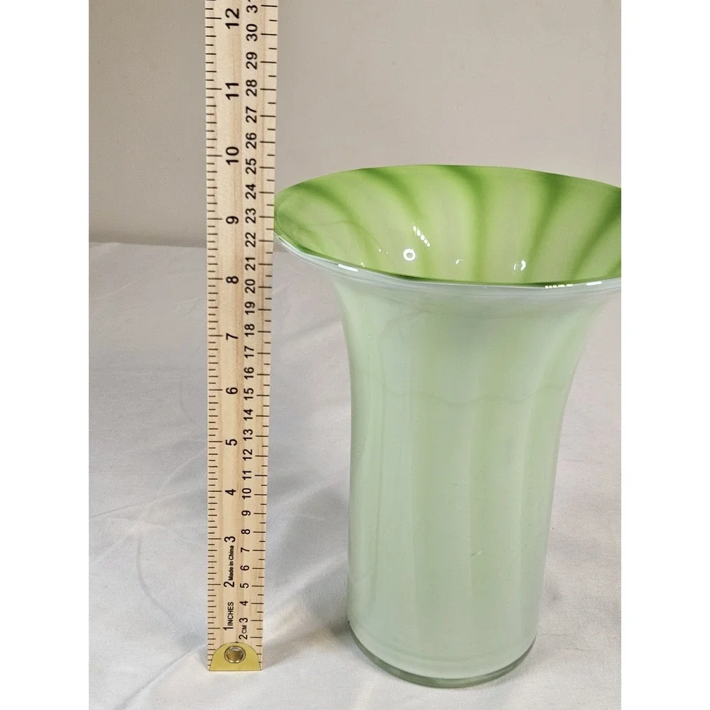 Lime Green White Swirl Art Glass Vase Flared Trumpet Rim 9.5 Inch Hand Blown